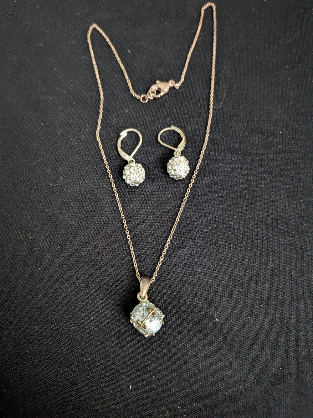 Silver Tone Clear Crystal Pendant Necklace 9" Vintage 1970s and Earrings Set